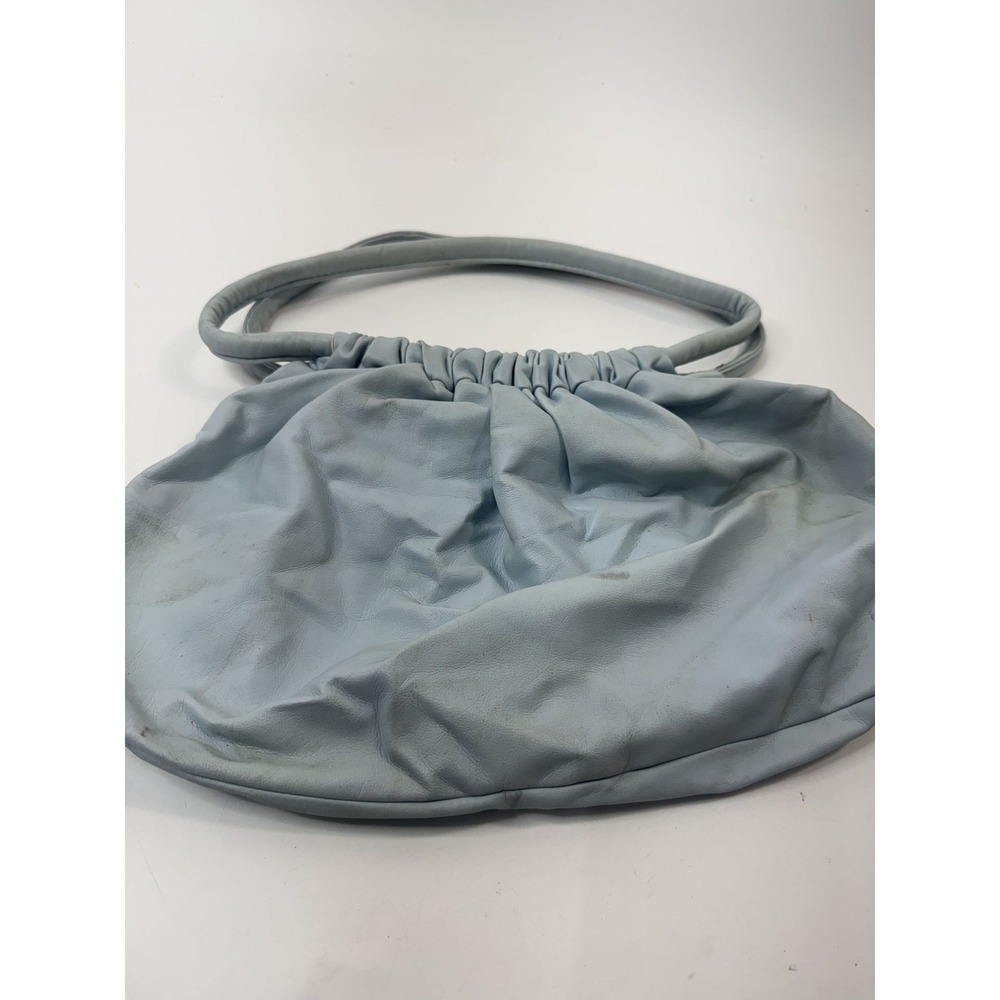 Light Blue Ruched Shoulder Bag With Soft Leather Exterior And Beige Lining